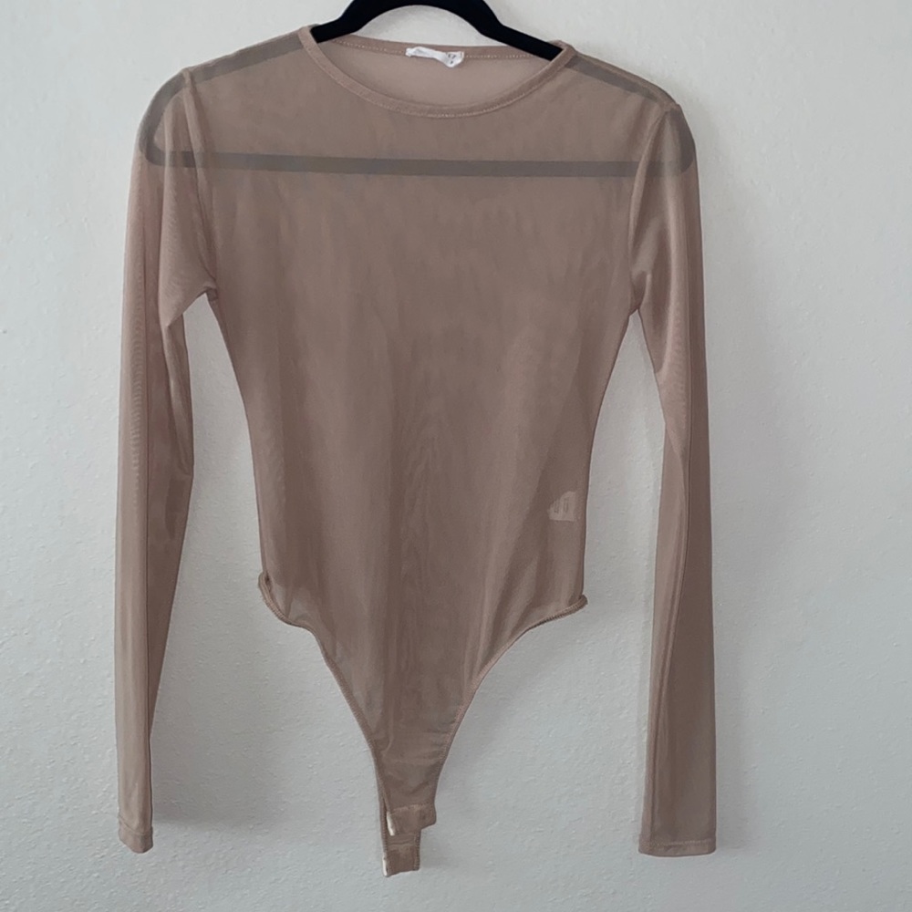 Tan/Beige Sheer/Transparent Full Tilt Long-Sleeve Women's Body Suit